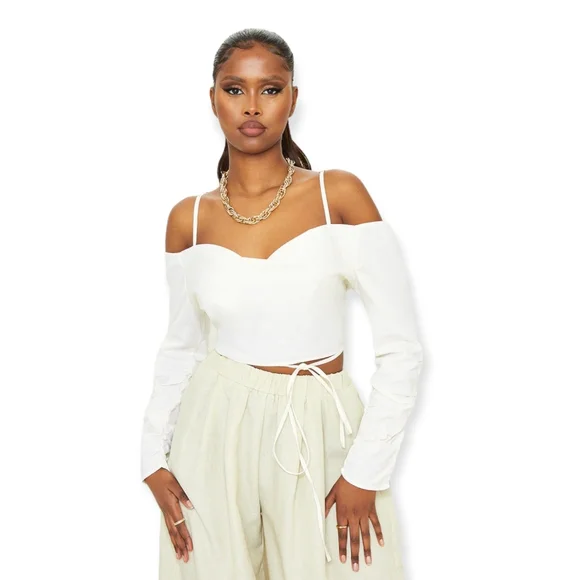 Natural Linen Look Cowl Front Ruched Sleeve Crop Top - Picture 2 of 5